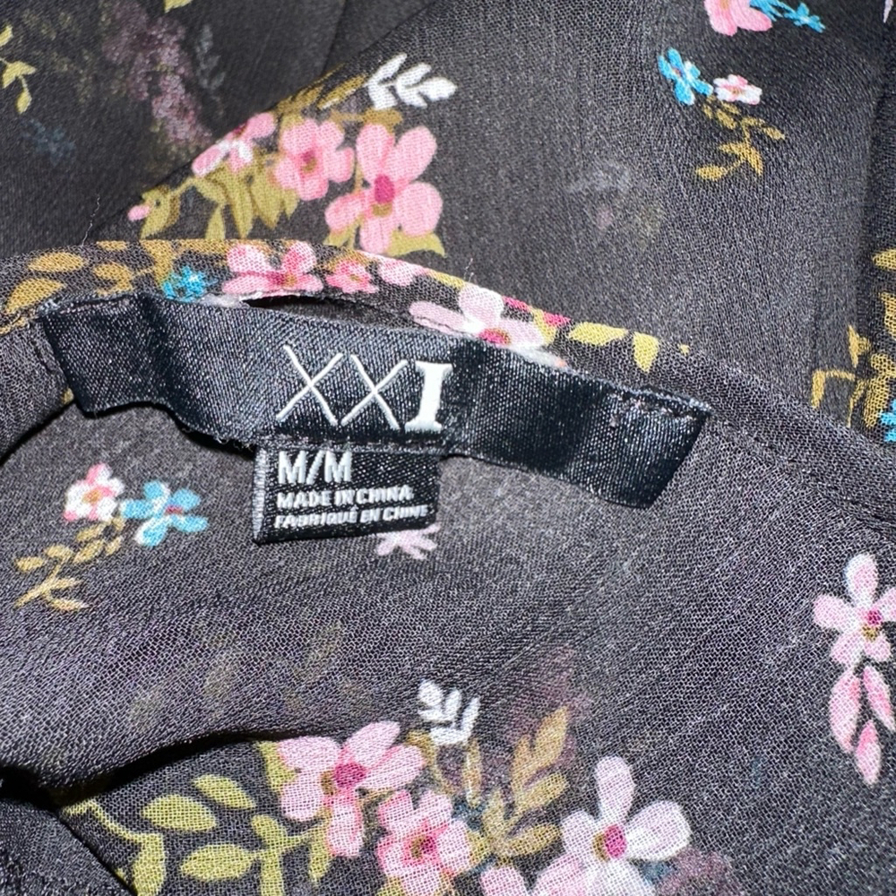Women's XXI Forever 21 Dress Size M Medium Black Floral Sheer Ruffles - Picture 2 of 8